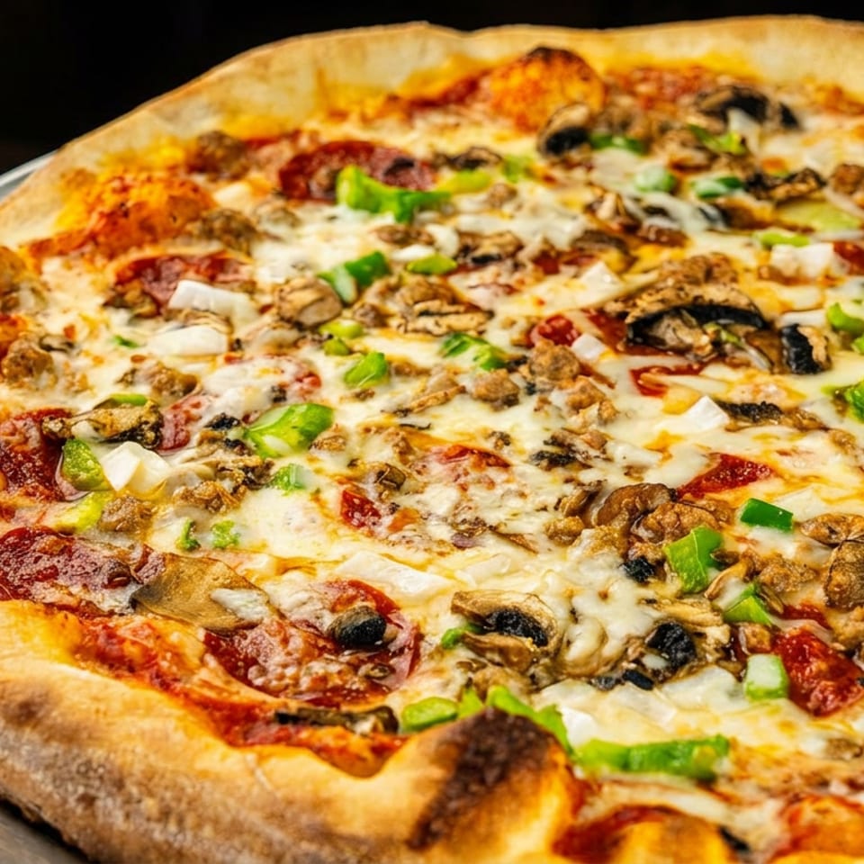 Large thin-crust pizza topped with pepperoni, sausage, mushrooms, green peppers, onions, olives, tomato sauce, and melted cheese.