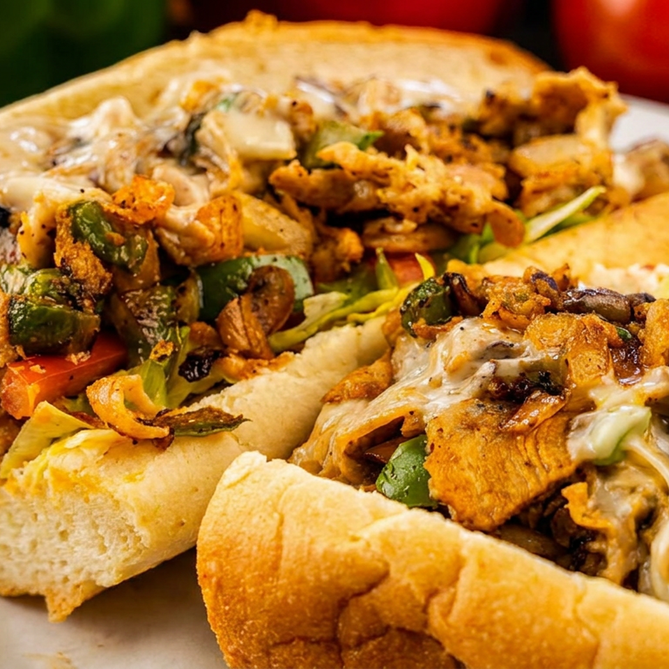Two toasted submarine sandwiches filled with grilled chicken, peppers, onions, mushrooms, crispy toppings, and melted cheese.