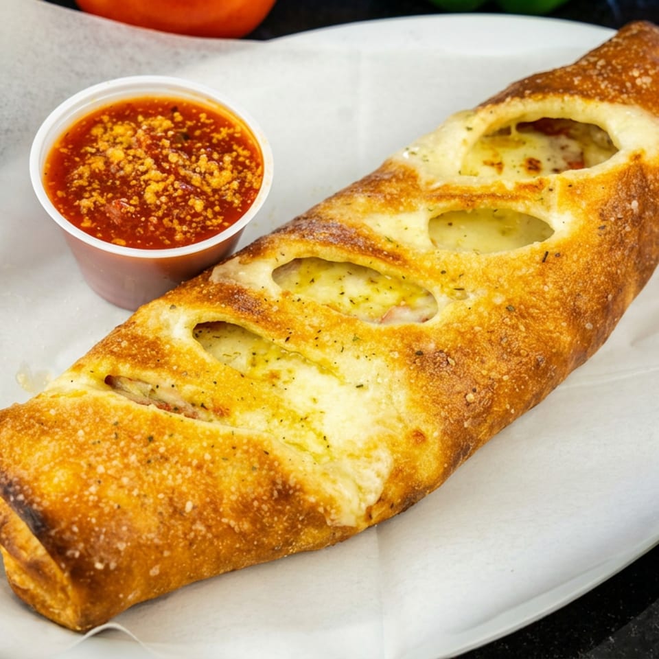 Golden-brown stuffed bread with melted cheese and herbs, served with tomato dipping sauce on a white plate.