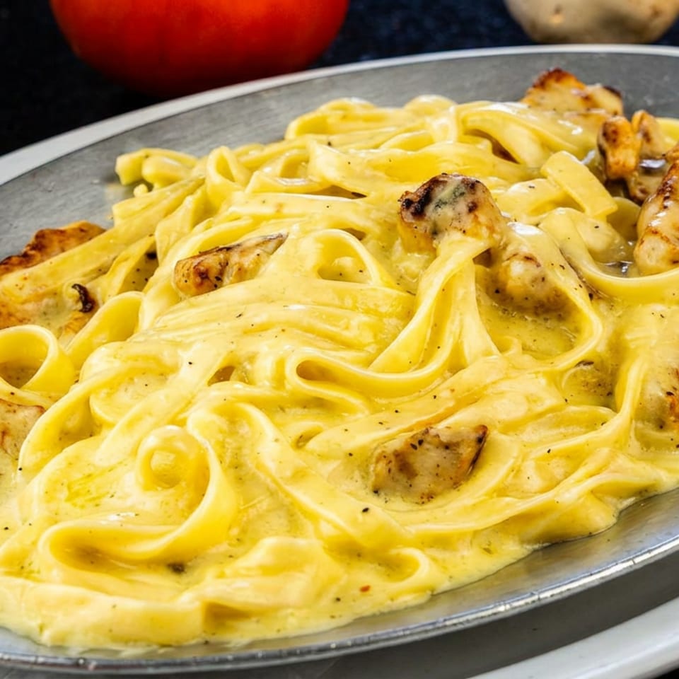 Creamy fettuccine Alfredo topped with grilled chicken pieces on an oval metal serving platter.