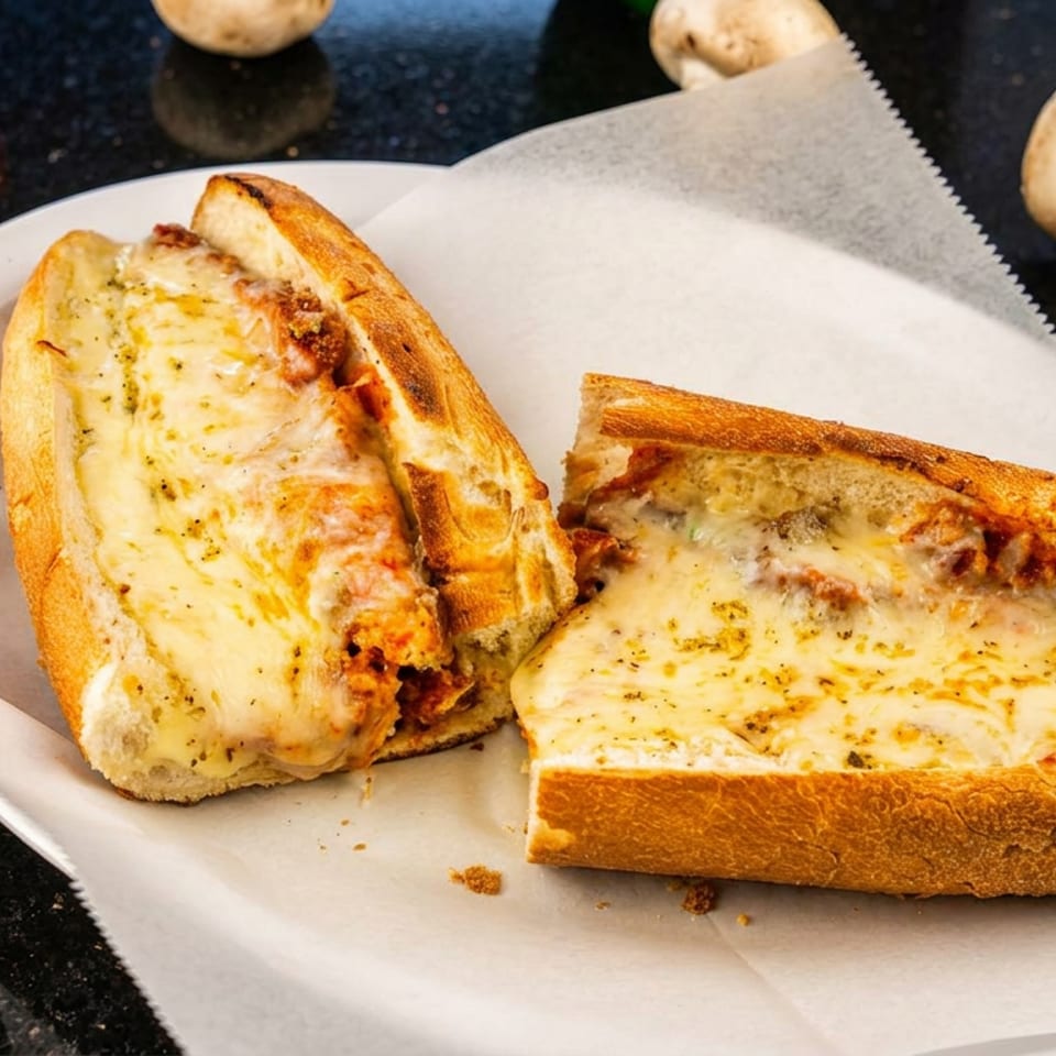 Two cheesy meatball subs on a white plate, surrounded by tomatoes and mushrooms on a dark countertop.