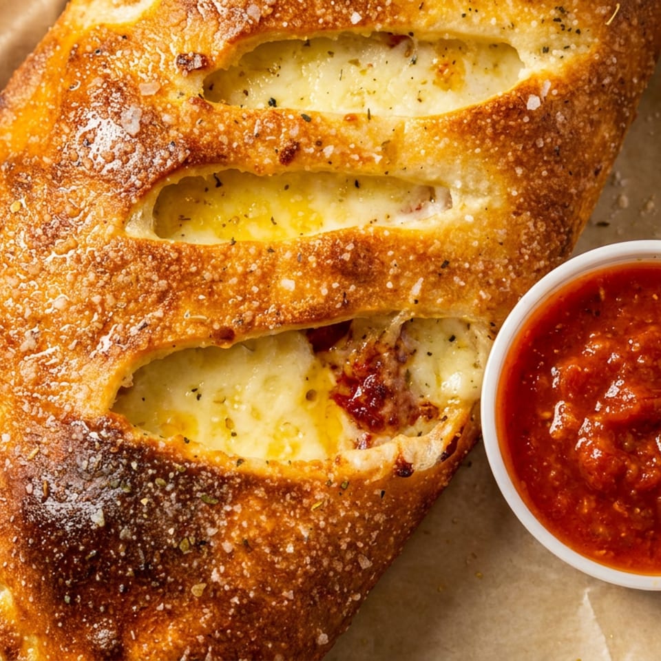 Golden-brown cheesy baked bread with herb seasoning and three cut openings, served alongside a cup of marinara sauce.