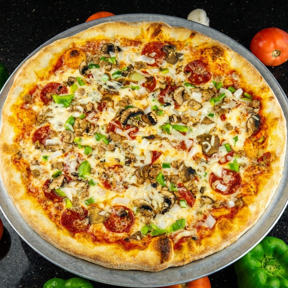 Topped pizza with pepperoni, mushrooms, green peppers, onions, and melted cheese on a metal tray, surrounded by fresh vegetables.