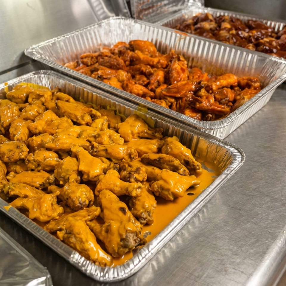 Three aluminum trays of saucy chicken wings in orange and dark glazes sit on a stainless-steel kitchen counter.