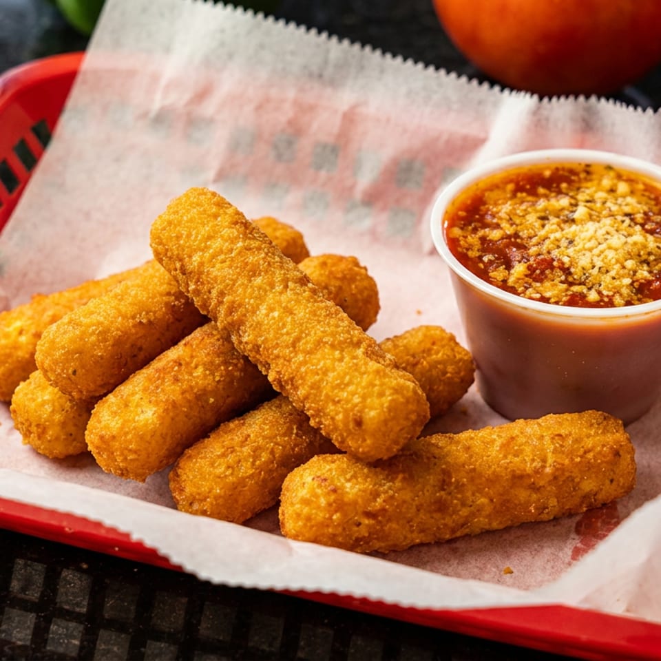 Golden fried mozzarella sticks piled in a red basket with marinara dipping sauce and tomatoes in the background.