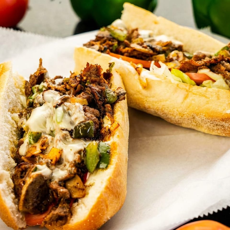 Three loaded cheesesteak sandwiches with grilled meat, peppers, onions, and melted cheese on a paper-lined plate.