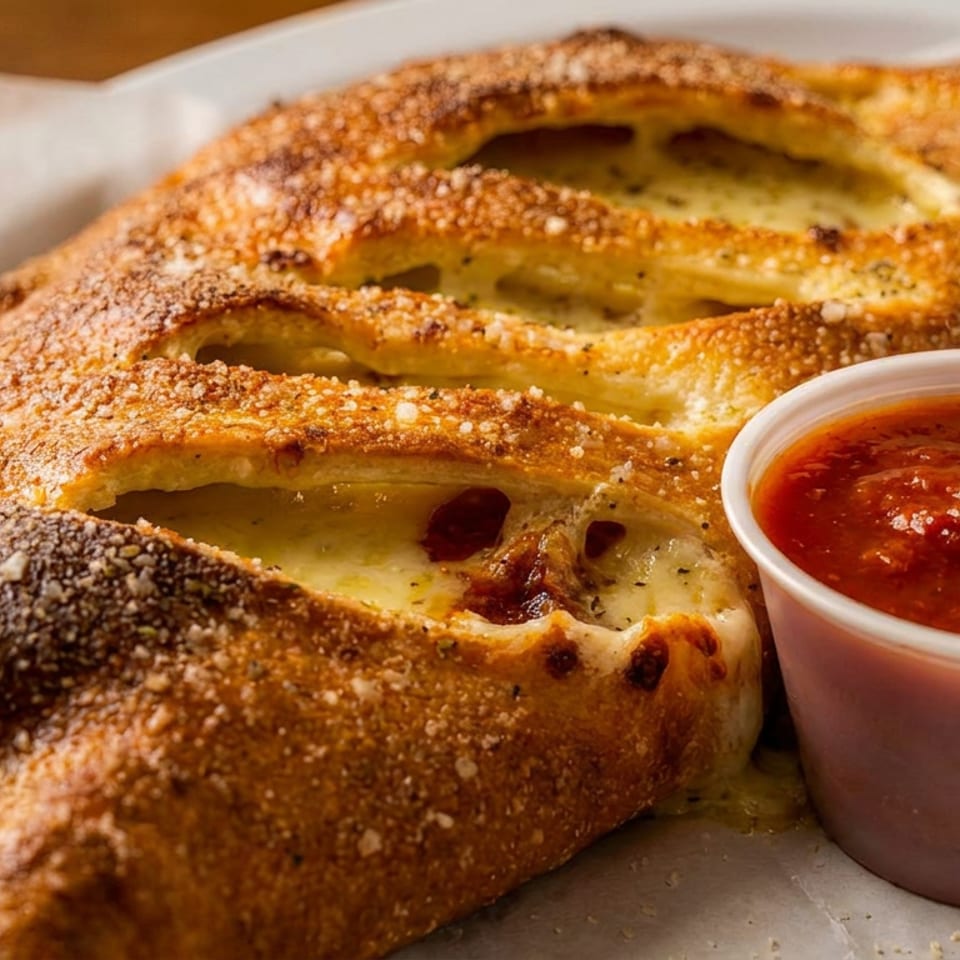 Golden-brown stuffed calzone with melted cheese and herbs, served with a cup of marinara sauce.