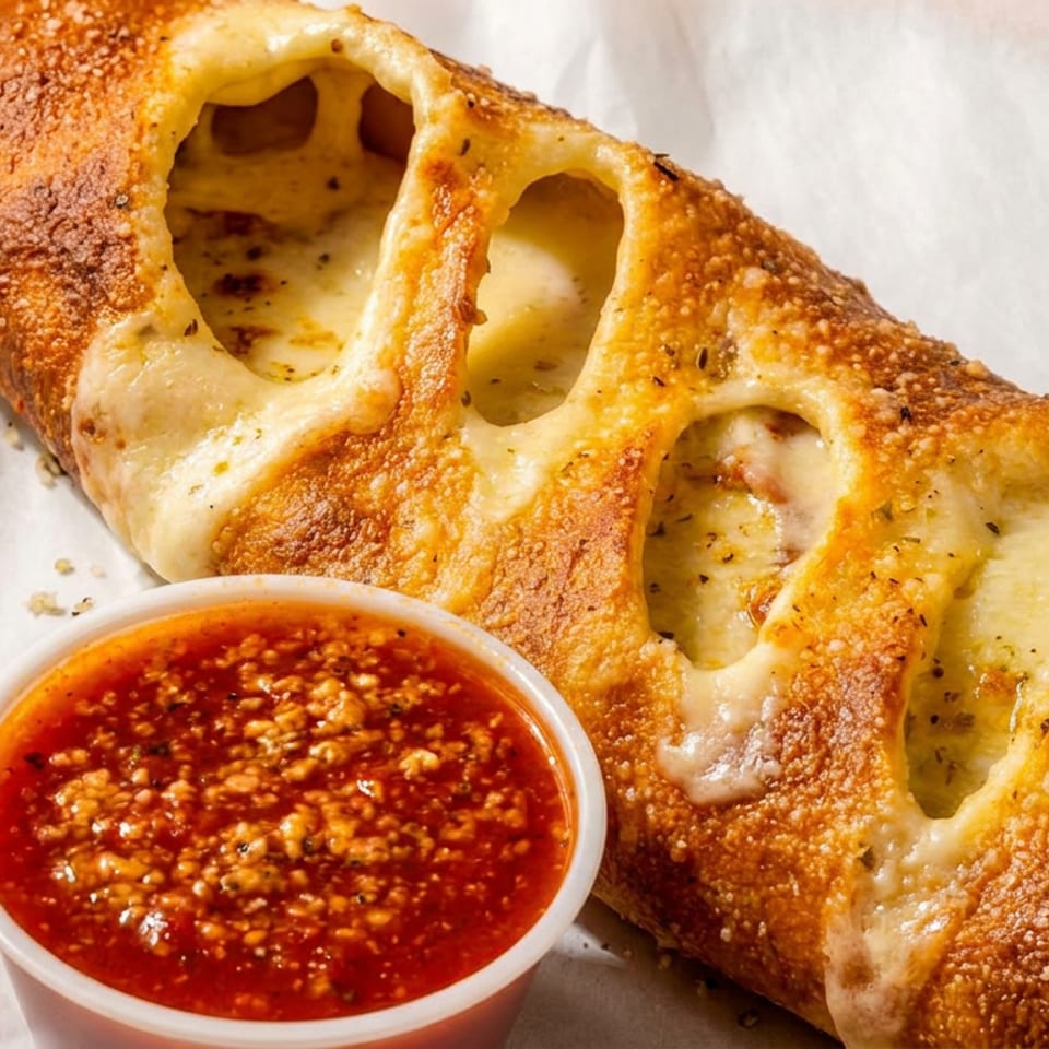 Golden cheesy stuffed bread served with a cup of red dipping sauce on parchment paper.