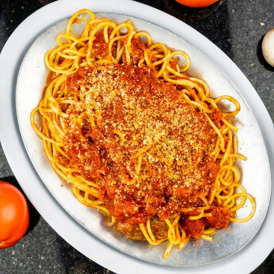 Plate of spaghetti topped with tomato meat sauce and grated cheese, surrounded by green peppers, tomatoes, and mushrooms.