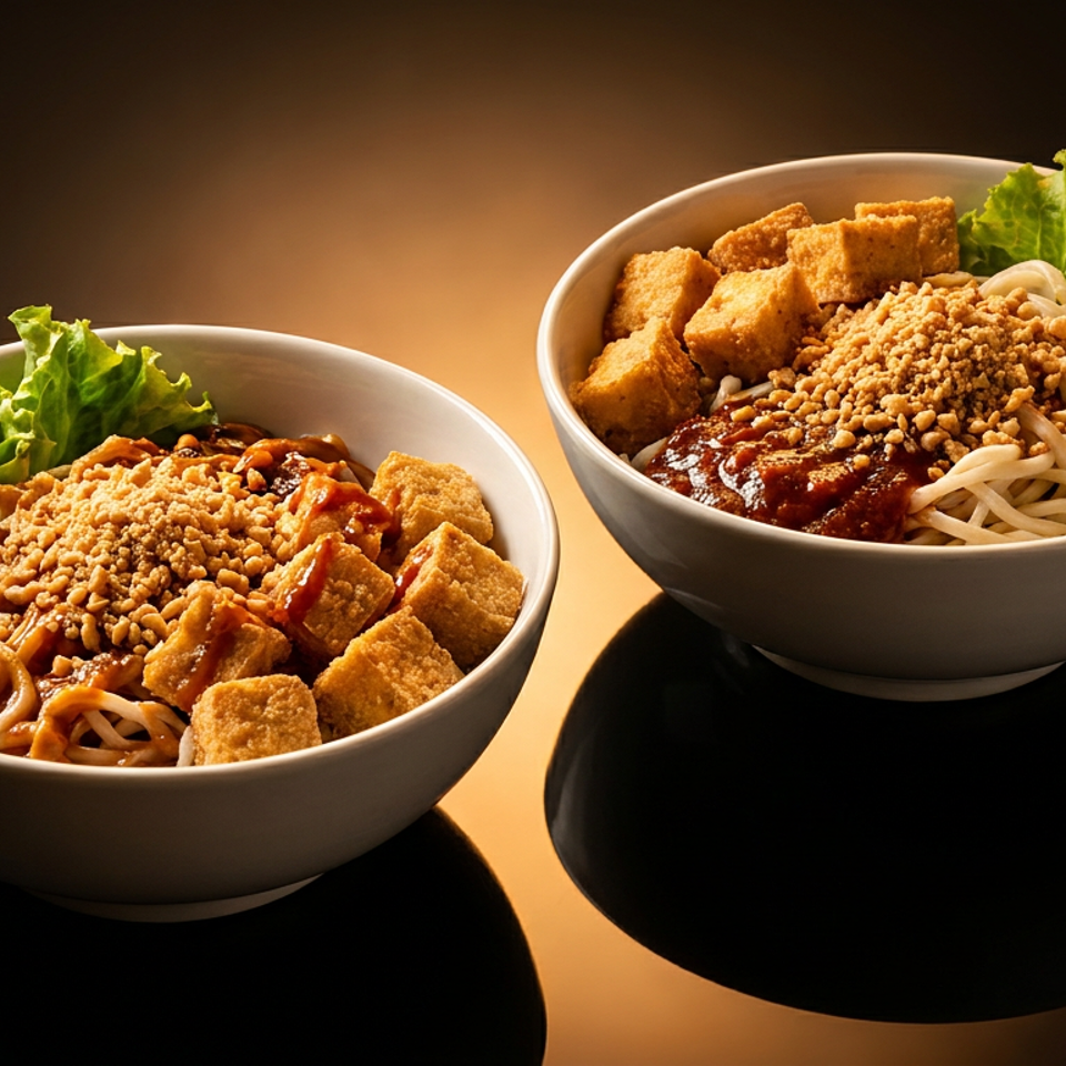 Two bowls of noodles topped with crispy tofu, crushed peanuts, sauce, and lettuce on a reflective black surface.