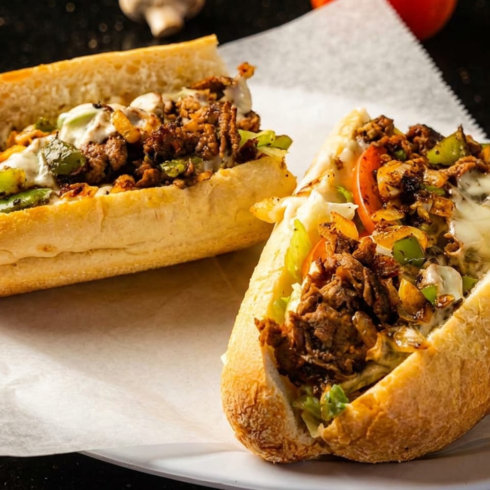 Two toasted steak subs filled with seasoned beef, melted cheese, sautéed onions, peppers, and tomatoes on a white plate.