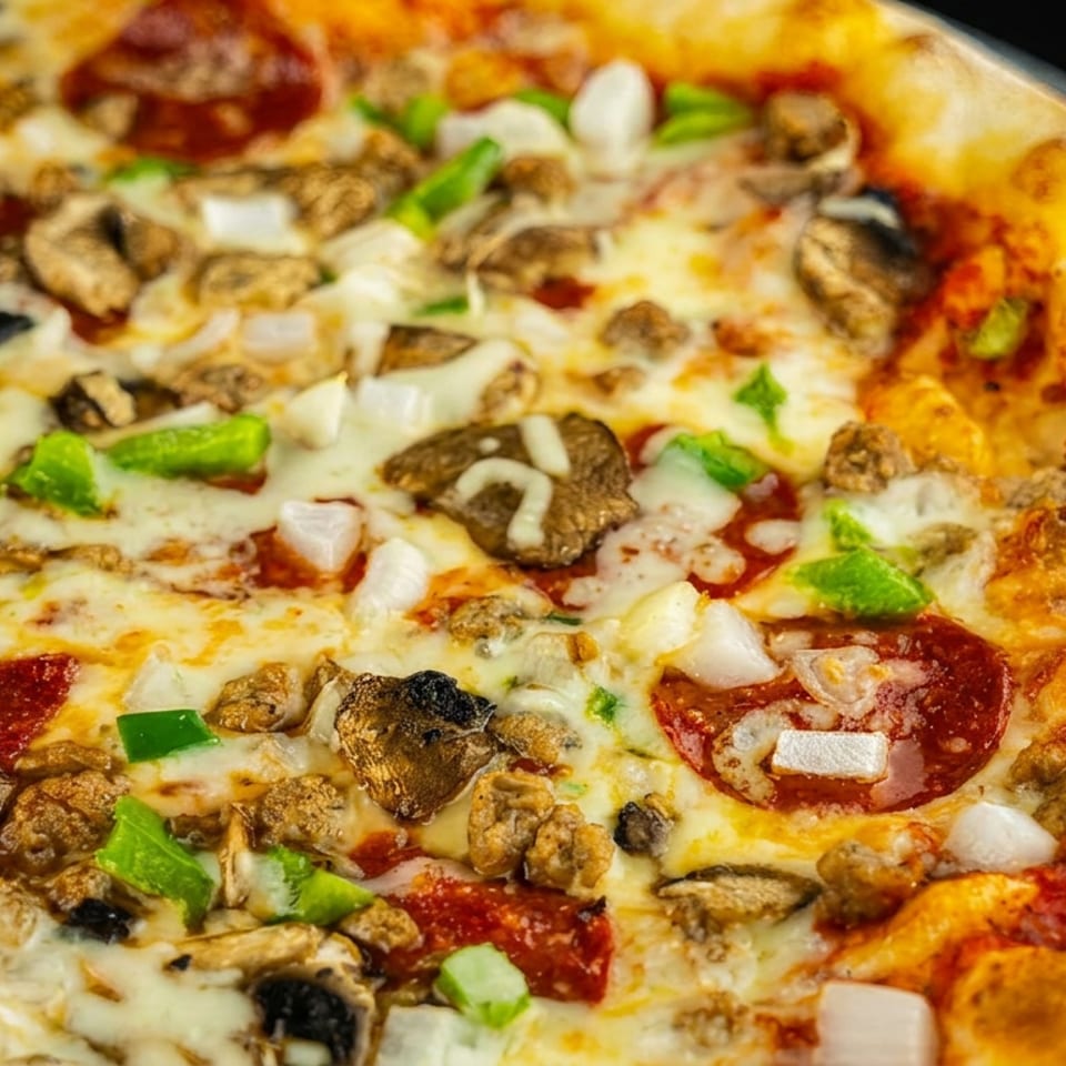 Close-up of a loaded pizza topped with pepperoni, sausage, mushrooms, onions, green peppers, and black olives.