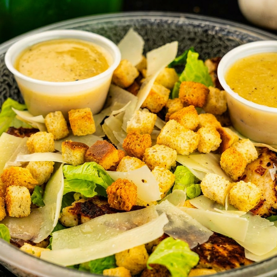 Caesar salad with romaine lettuce, grilled chicken, croutons, shaved Parmesan, and two cups of dressing.