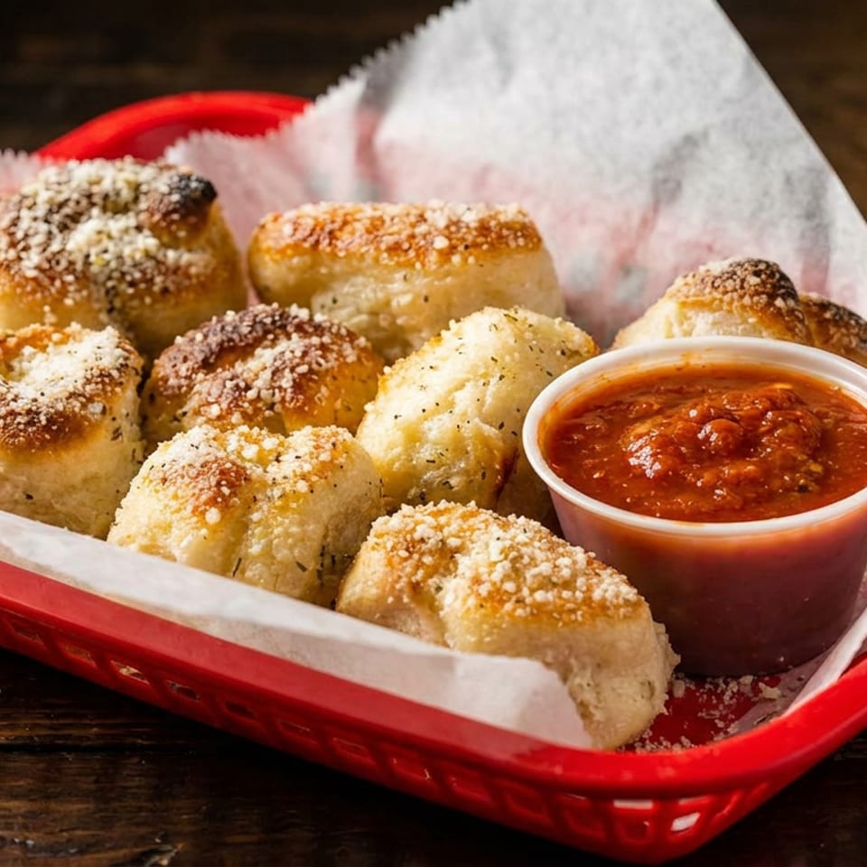 Red basket of golden garlic knots sprinkled with Parmesan, served with marinara sauce on a rustic wooden table.
