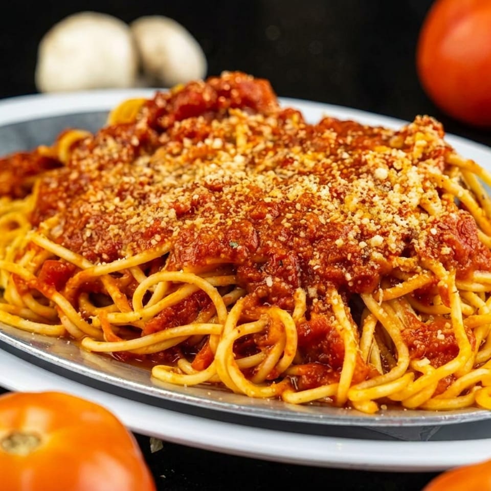 Plate of spaghetti topped with chunky tomato sauce and grated cheese, surrounded by fresh tomatoes and mushrooms.