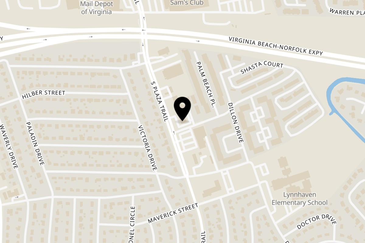 Map showing the location of Sal's Famous NY Pizza Virginia Beach on 156 S Plaza Trail Ste 110 in Virginia Beach